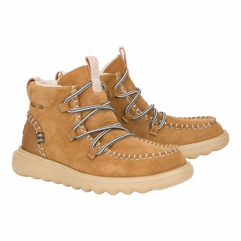 NEW HEY DUDE women's reyes suede upper high top shoe in tan